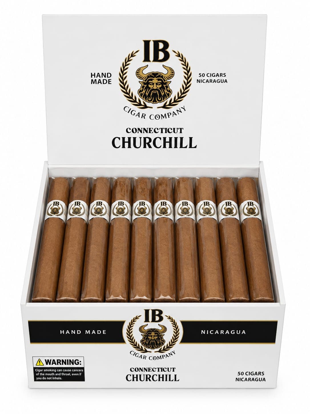 IB Cigars Connecticut Churchill — open box showing 50 cigars