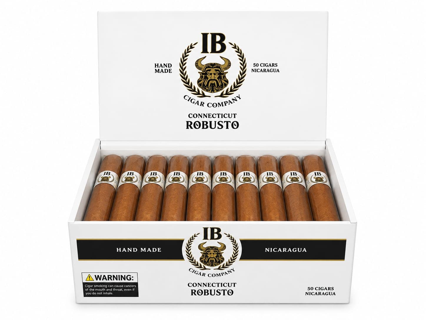IB Cigars Connecticut Robusto — open box showing 50 cigars