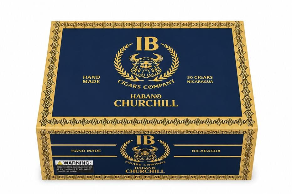 IB Cigars Habano Churchill — 50-count box, navy and gold, hand-made in Nicaragua